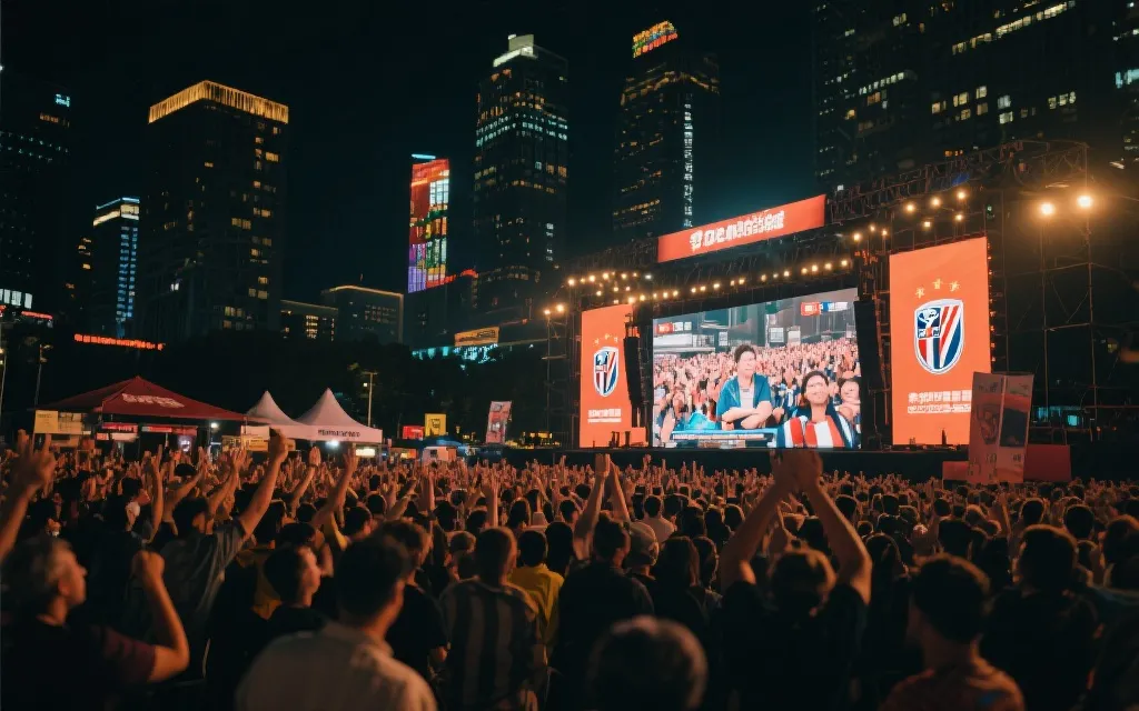 城市球迷区夜景，大屏直播与人群氛围，温暖灯光与秩序感